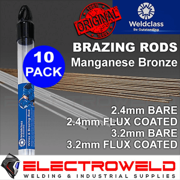 10 X Weldclass Manganese Bronze Brazing Rods, Flux Coated 2.4mm