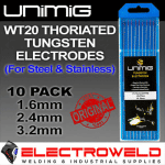 Image presents 10x Unimig WT20 Thoriated Tungsten Electrodes Steel Stainless Welding Red - 1.6mm