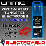 Image presents 10x Unimig WZ8 Zirconiated Tungsten Electrodes AC Aluminium Welding White - 1.6mm