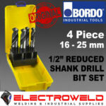 image presents Bordo 4 Pce 16mm 18mm 22mm 25mm 1/2" Reduced Shank Drill Bit Set Jobber M2 Hss