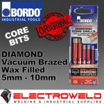 image presents Bordo 5 Pce Diamond Core Drill Bit Set Wax Filled Tile Porcelain 5, 6, 6.5, 8, 10mm