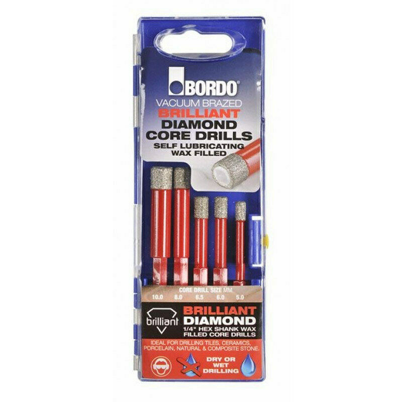 image presents Bordo 5 Pce Diamond Core Drill Bit Set Wax Filled Tile Porcelain 5, 6, 6.5, 8, 10mm 1