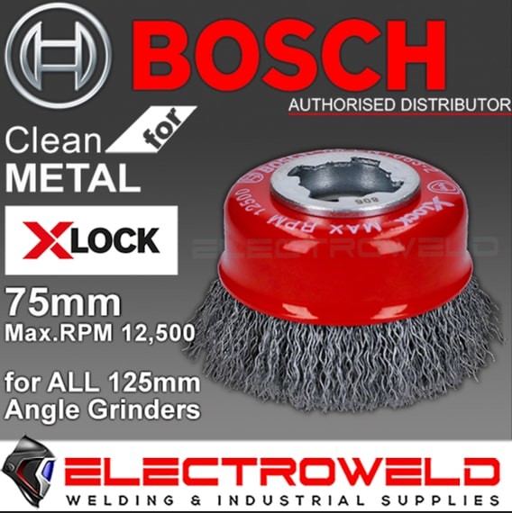 image presents Bosch 75mm 3" X-lock Cup Brush Wheel Crimped Wire For Angle Grinder