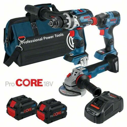 Image presents 3 PIECE BOSCH CORDLESS BRUSHLESS BUNDLE 18V 8AH HAMMER DRILL + IMPACT DRIVER + GRINDER 7