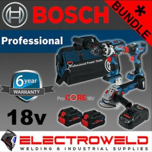 Image presents 3 PIECE BOSCH CORDLESS BRUSHLESS BUNDLE 18V 8AH HAMMER DRILL + IMPACT DRIVER + GRINDER 7