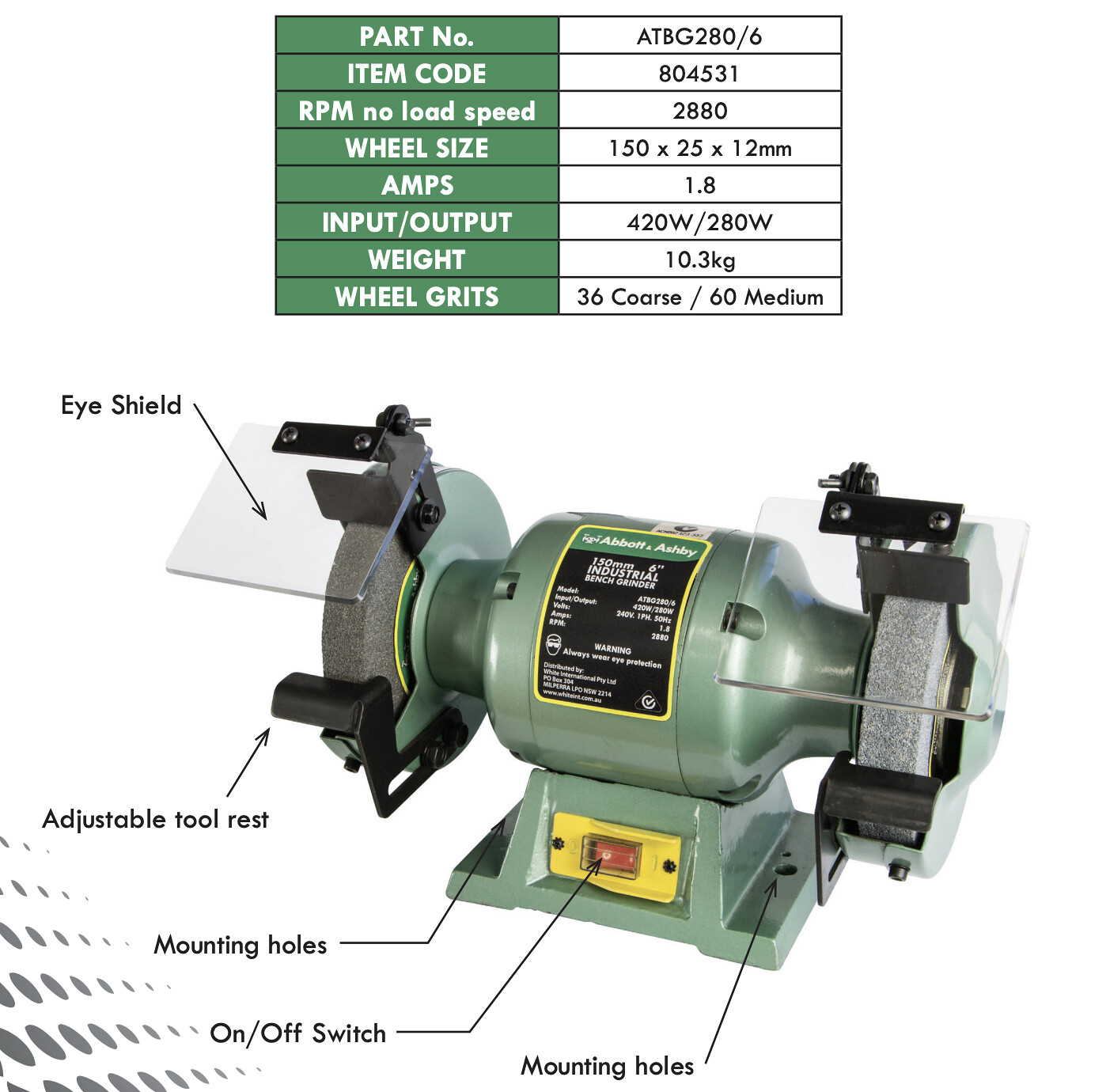 Image presents ABBOTT & ASHBY 6 150MM INDUSTRIAL BENCH GRINDER GRINDING MACHINE 240V ATBG280 6 2