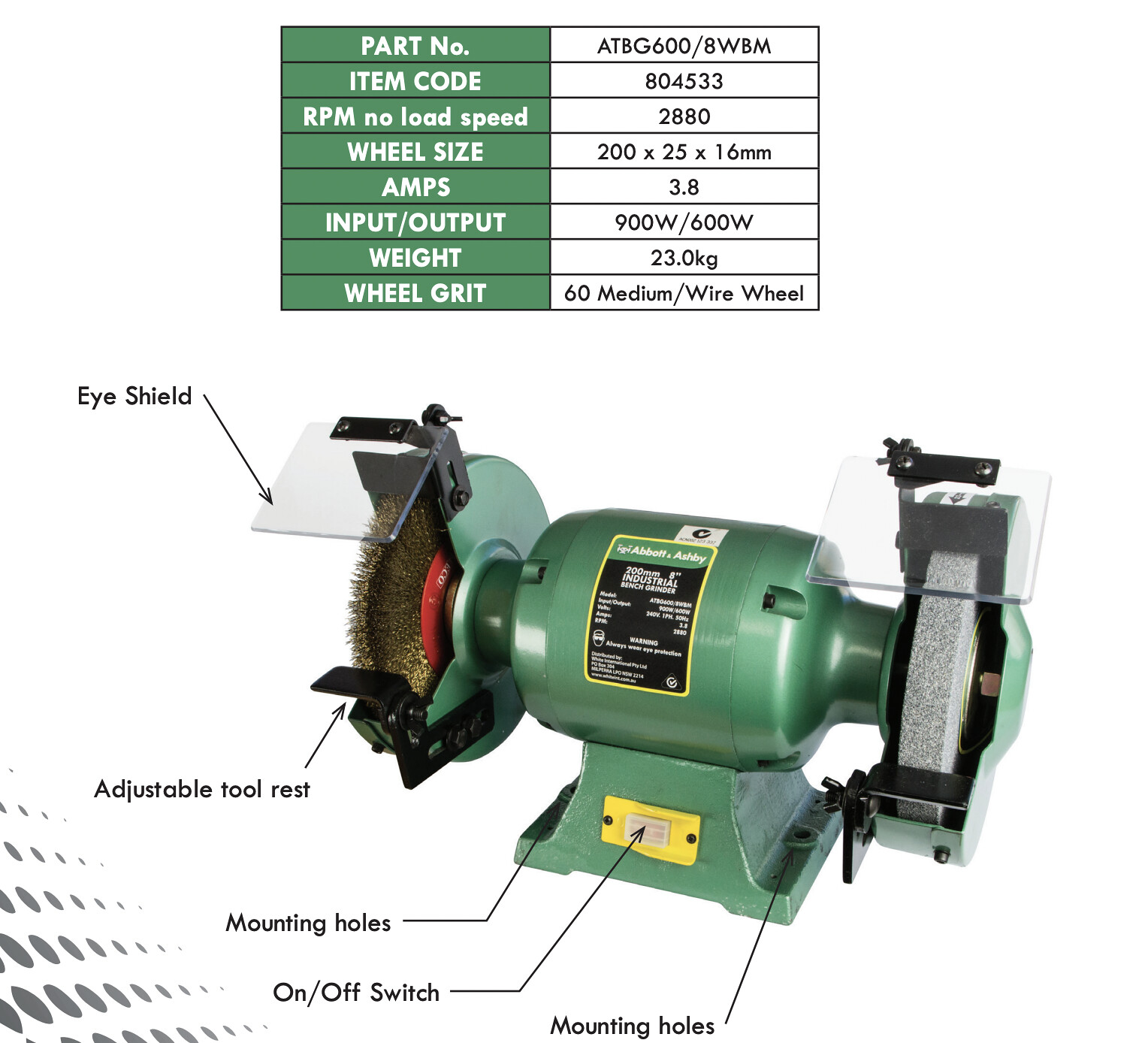 Image presents ABBOTT & ASHBY 8 200MM INDUSTRIAL BENCH GRINDER 600W + WIRE WHEEL ATBG600 8WBM