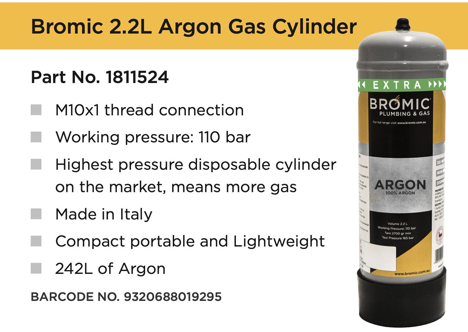 Image presents Argon Gas Welding Bundle *2 X Disposable Bottle 2.2l + Bromic Regulator + Hose* (5)