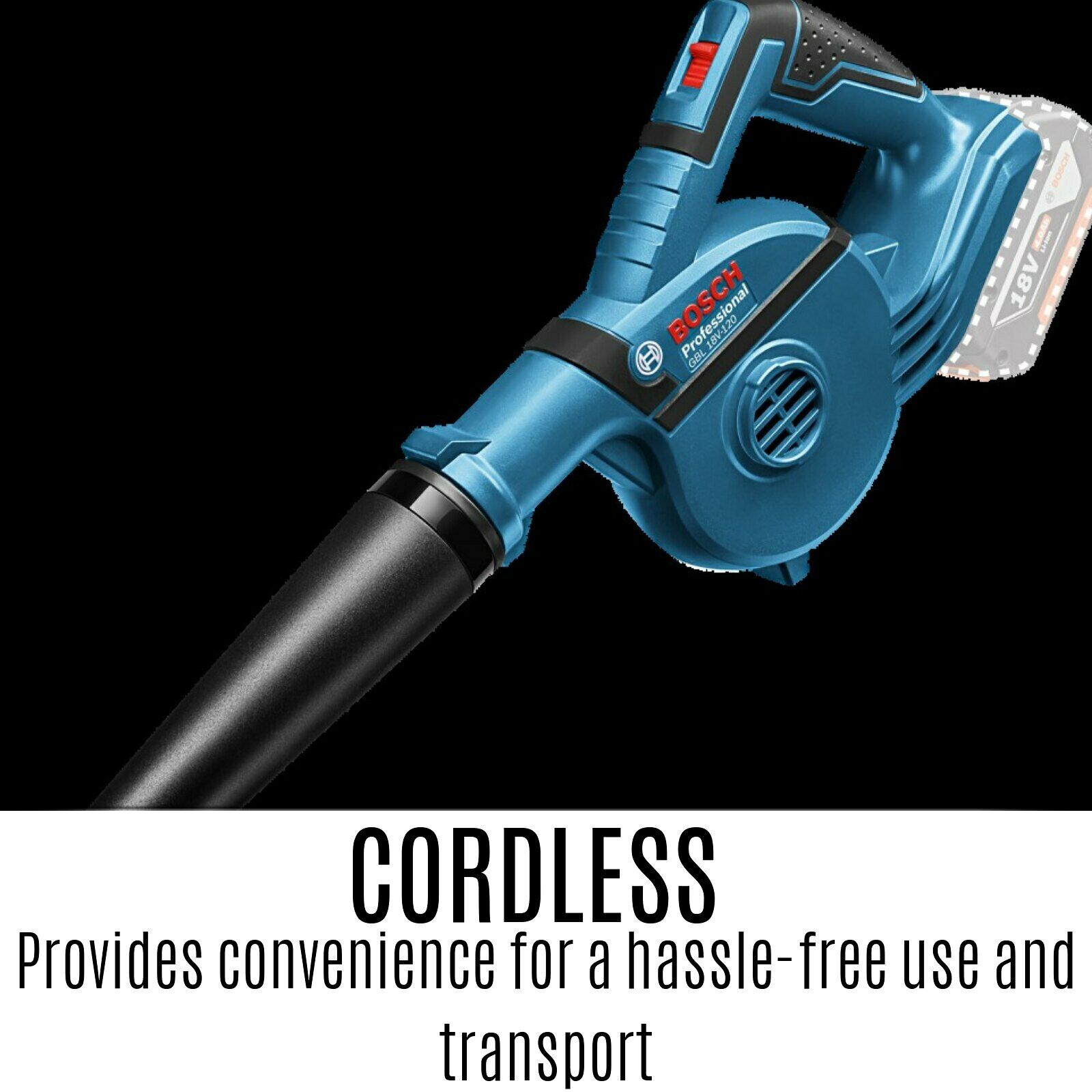 Image presents BOSCH CORDLESS 18V LEAF BLOWER + 4.0AH BATTERY + CHARGER - GBL 18V-120