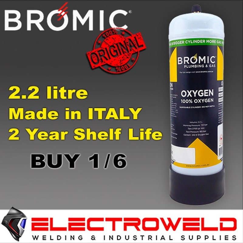 Image presents Bromic 2.2l Oxygen Oxy Gas Bottle Cylinder Welding Disposable 1811322