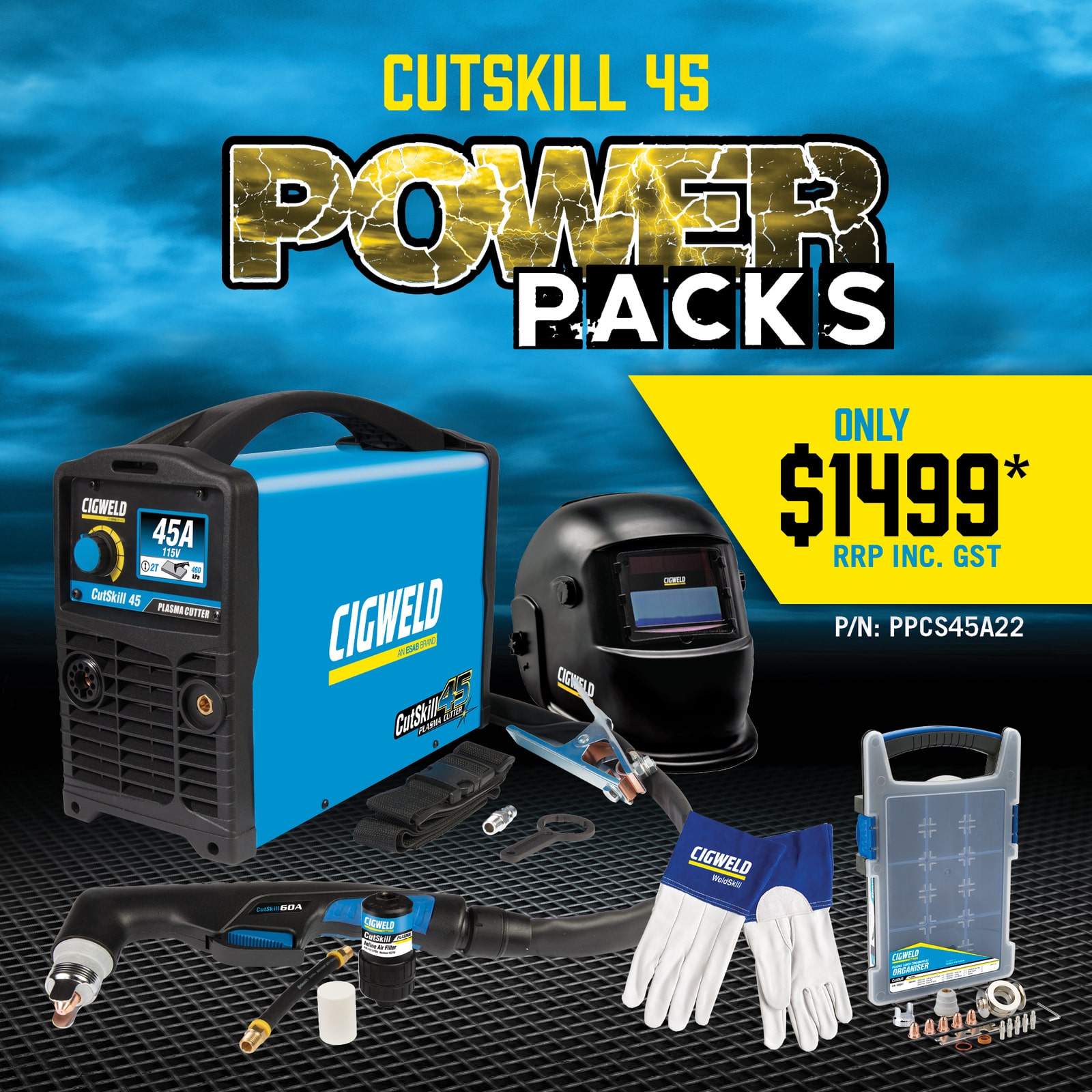 Image presents Cigweld Cutskill 45 Bundle - Plasma Cutter, Helmet, Gloves, Torch, Air Filter 1160140, Ppcs45a22 1