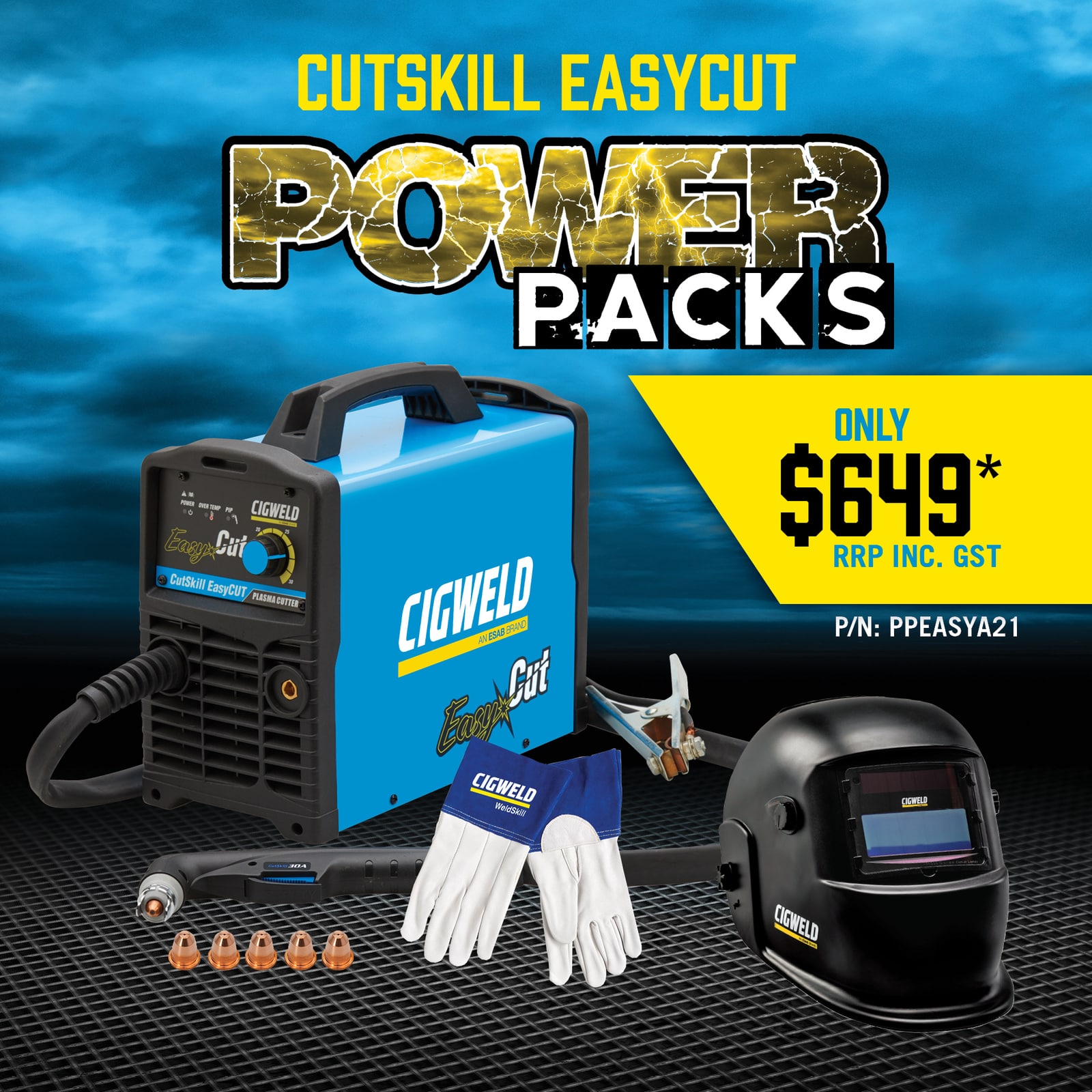 Image presents Cigweld Cutskill Easycut 30a Power Pack - Plasma Cutter 11601ec, Helmet, Gloves, Torch, Tips - Ppeasya21 1