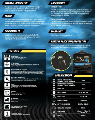 Image presents Cigweld Cutskill Easycut 30a Power Pack - Plasma Cutter 11601ec, Helmet, Gloves, Torch, Tips - Ppeasya21 7