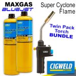 Image presents Cigweld Jet407 Super Cyclone Bundle Blowtorch 2 Maxgas Gas Propane Bottles - Bbq Camping Weed Burning Soldering 308407