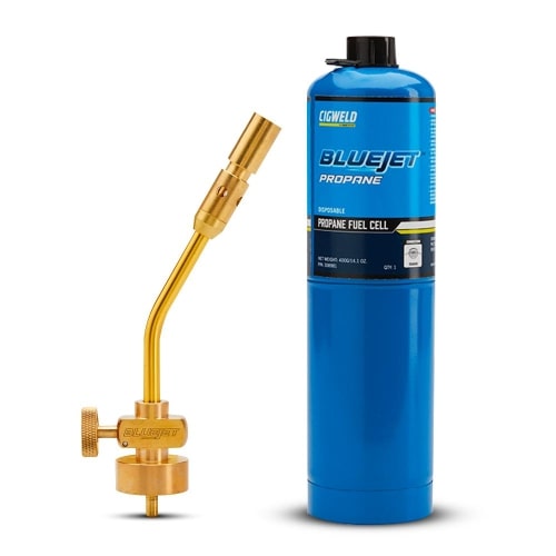 Image presents Cigweld Jet411 Bluejet Bundle: Pencil Blowtorch, 308411 + Lpg Gas Cylinder 308981 For Soldering Brazing Heat - 308404