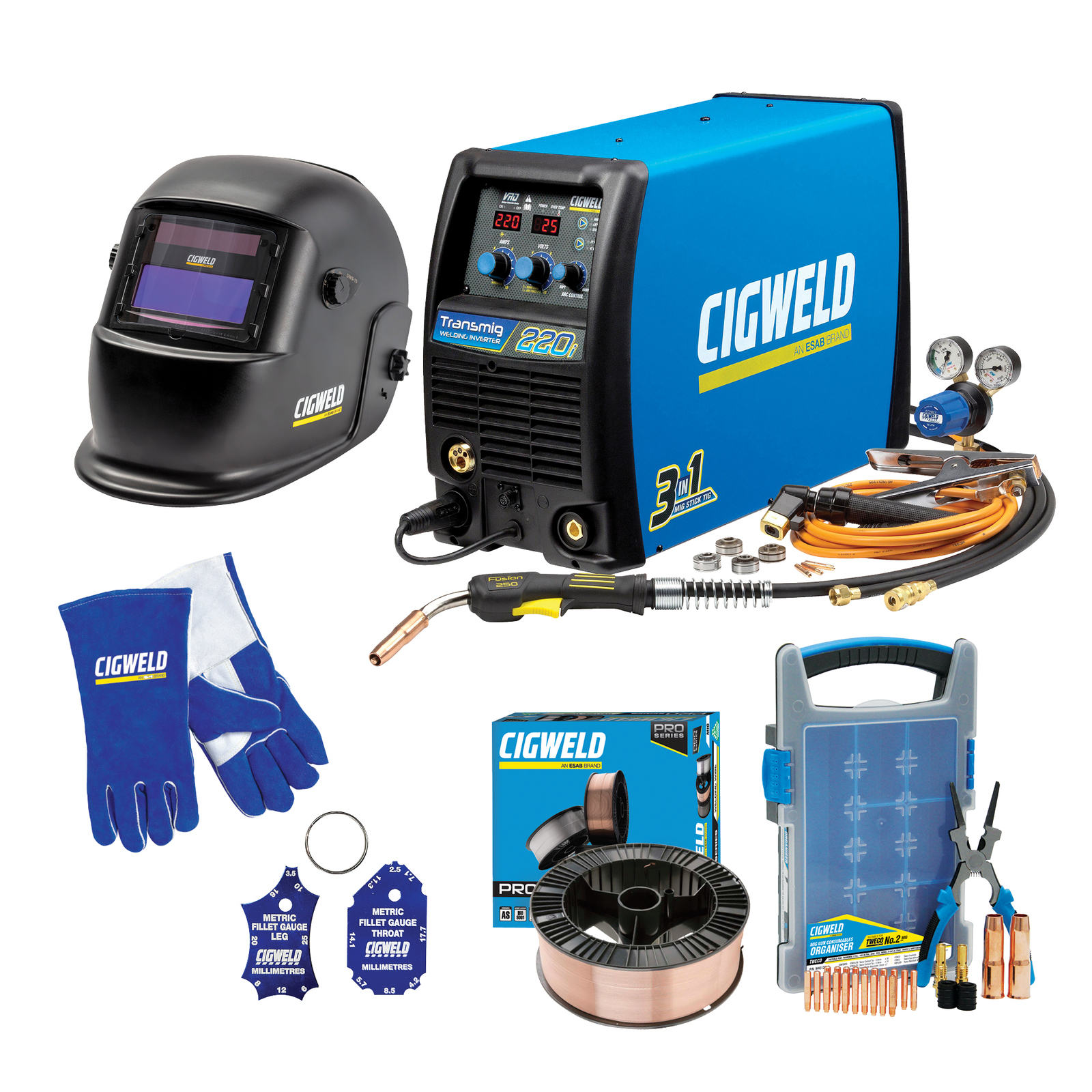 Image presentsCigweld Transmig 220i Power Pack Bundle - Welder + Helmet + Gloves + Consumables + Wire (W1005220) 3