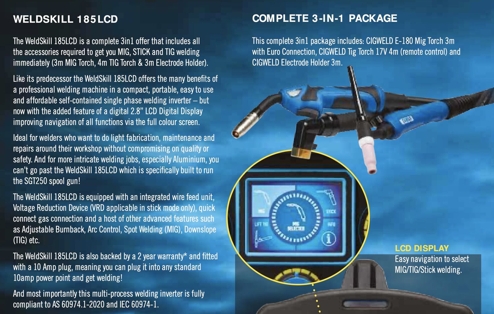 Image presents Cigweld Weldskill 185 Lcd Welder Bundle + Mig Torch + Tig Torch, 185lcd - W1008193 5