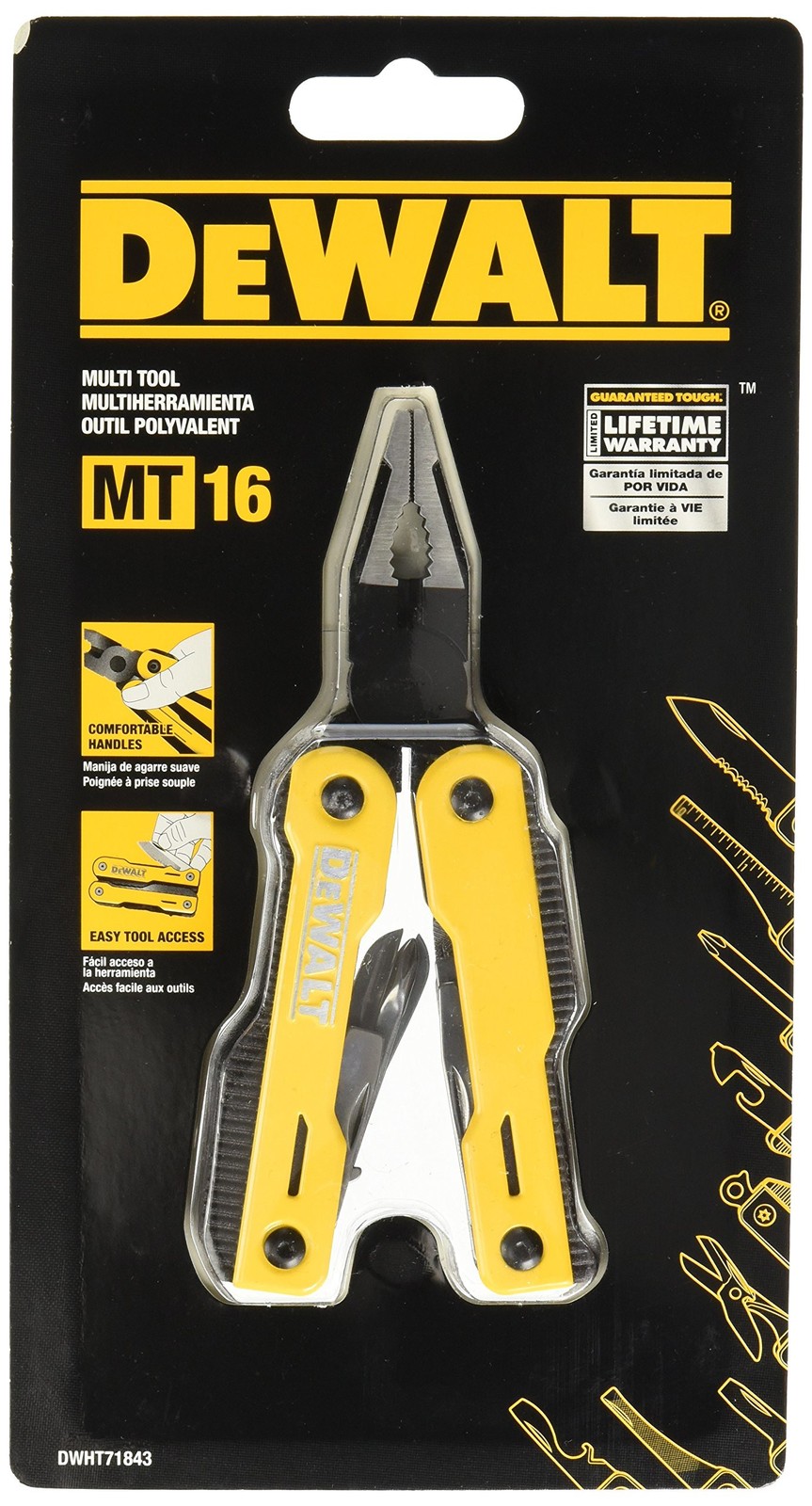 Image presents DEWALT MT16, 16 IN 1 MULTI TOOL / POCKET KNIFE STAINLESS STEEL NO RUST DWHT71843