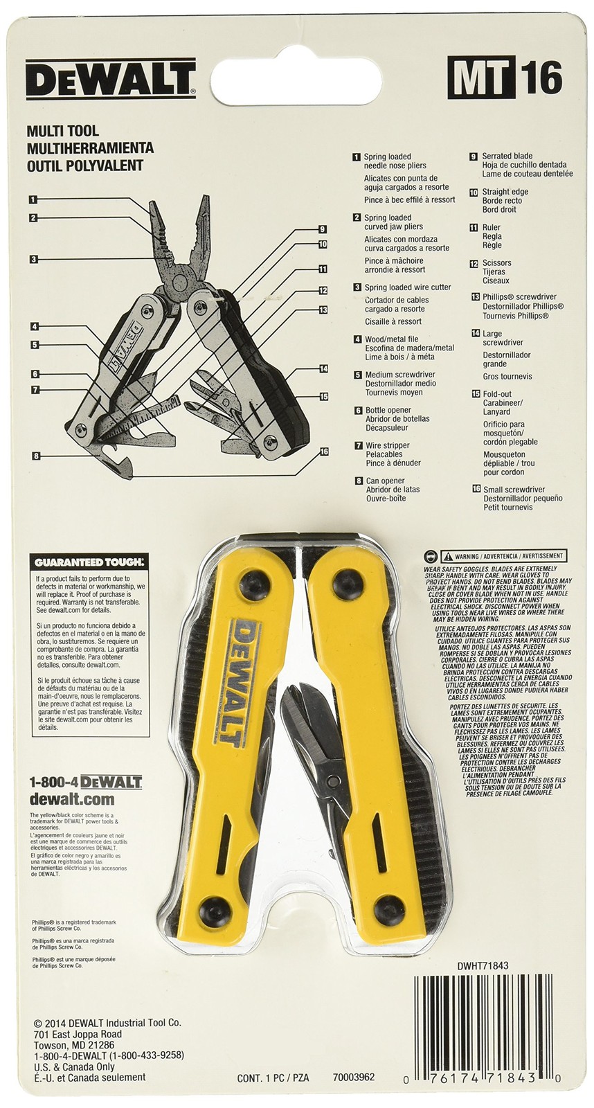 Image presents DEWALT MT16, 16 IN 1 MULTI TOOL / POCKET KNIFE STAINLESS STEEL NO RUST DWHT71843