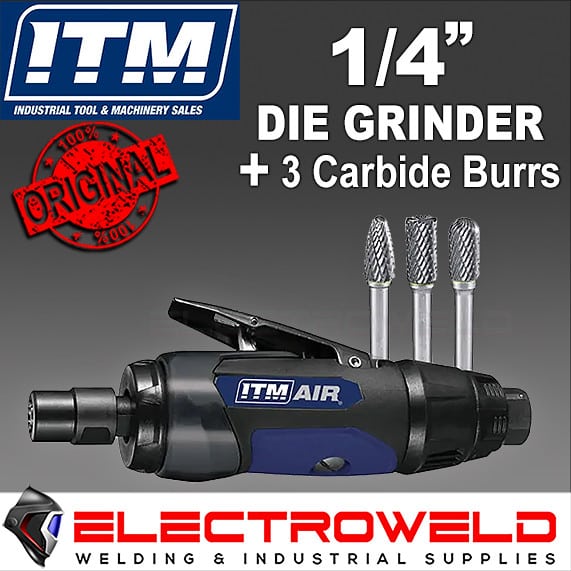 image presents ITM Air Straight Die Grinder +3 Carbide Burr 1-4 Collet Pneumatic TM340-312KIT3