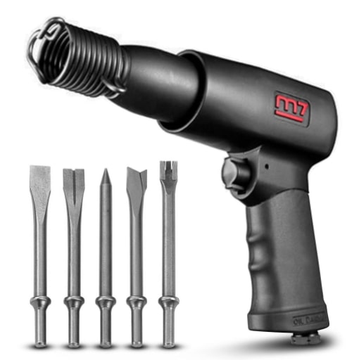 Image presents M7 AIR HAMMER + 5 X CHISELS SET CHIPPING SCRAPING PNEUMATIC MIGHTY 7 M7-SC211C