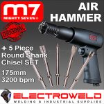 Image presents M7 AIR HAMMER + 5 X CHISELS SET CHIPPING SCRAPING PNEUMATIC MIGHTY 7 M7-SC211C