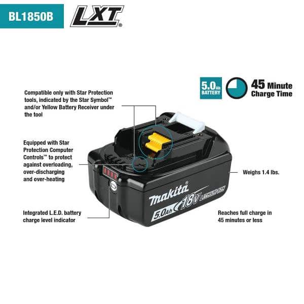 Image presents Makita 18V Bl1850B-l Lxt 5.0Ah Lithium-ion Cordless Battery Li-ion, 5Ah