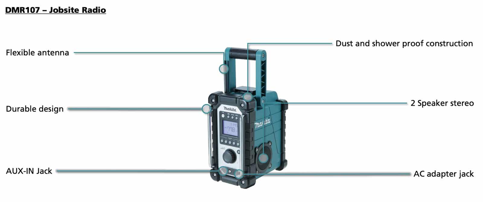 Image presents MAKITA 7.2-18V CORDLESS JOBSITE RADIO SPEAKER, IP64 AC LI-ION, DMR107 *SKIN ONLY