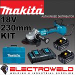 Image presents MAKITA 9 230MM 36V CORDLESS ANGLE GRINDER + 2X 5.0AH BATTERIES + DUAL CHARGER 6