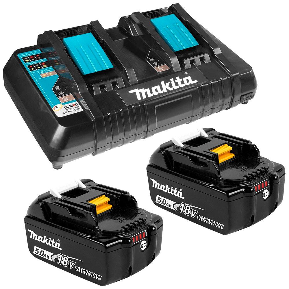 Image presents Makita 18v 2 X 5.0ah Li-ion Batteries + Cordless Dual 2 Port Charger Dc18rd 2