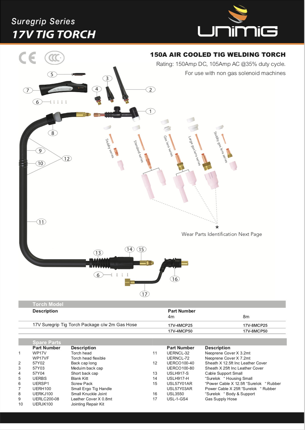 Image presents Unimig 17v Tig Welding Torch Gun, Suits Viper 185, Razor 180, 17v4mcp25 - 4 Metre - 5