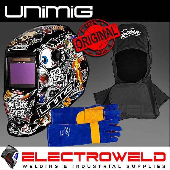 Image presents Unimig Protection Bundle: Chaos Welding Helmet + 400mm Gloves + Hood - Um-h-chaos