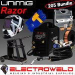 Image presents Unimig Razor 205 Smart Set Welder + Helmet, Gloves, Wire, Trolley, Consumables 1