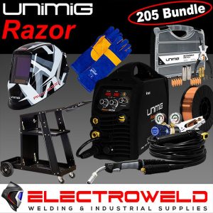 Image presents Unimig Razor 205 Smart Set Welder + Helmet, Gloves, Wire, Trolley, Consumables 1