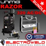 Image presents Unimig Razor 320 Acdc Bundle welder, Cooler Trolley, Consumables, T3w Tig Torch