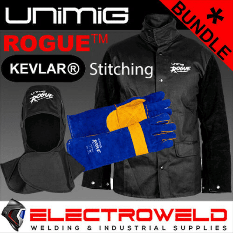 Image presents Unimig Rogue Welding Protection Bundle *leather Jacket, Hood, Gloves*