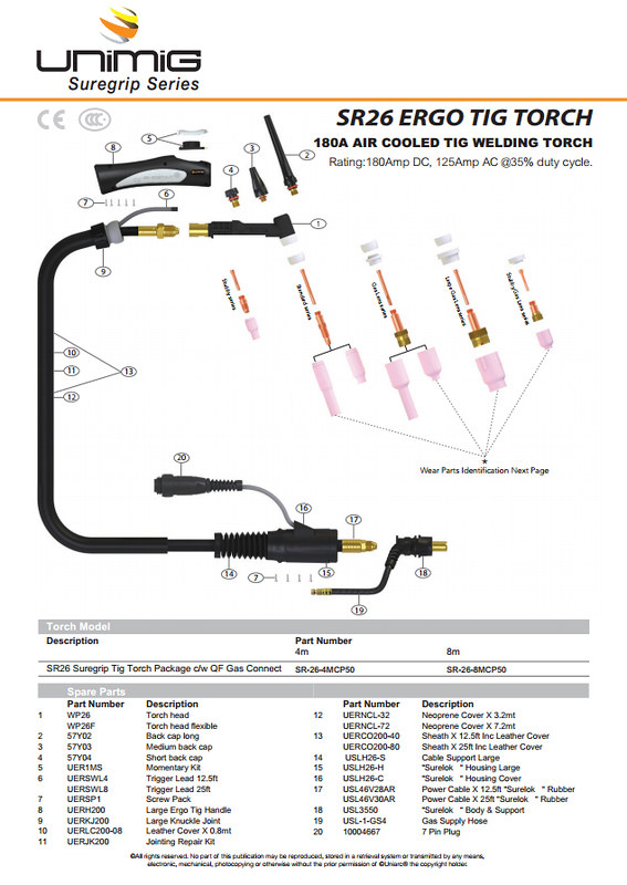 Image presents Unimig Sr26 TIG Welding Torch, Sr-26-4mcp50 + Foot Control Pedal, Utjrfc-4, Suits Razor Viper 180 200 Acdc Welder - 4