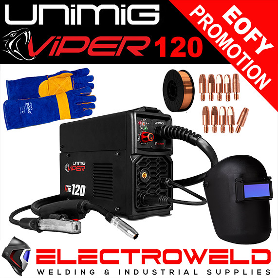 Image presents Unimig Viper 120 Mig Bundle Welder, Helmet, Gloves, 1kg Wire, 10 X Tips, Torch 3