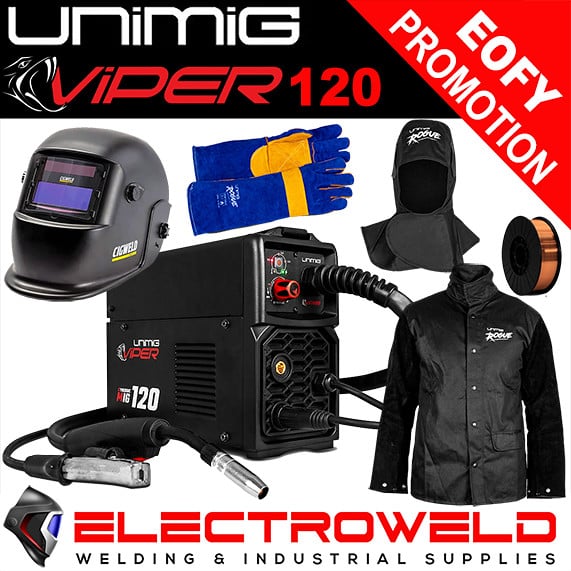 Image presents Unimig Viper 120 Mig Bundle - Welder, Helmet, Leather Jacket, Gloves, Wire, Hood, Torch 3