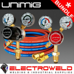 Image presents Unimig *acetylene + Oxygen Regulators, Plus Twin Hose Set* (Acet / Oxy) - Gas Welding Bundle