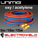 Image presents Unimig *acetylene + Oxygen Regulators, Plus Twin Hose Set* (Acet / Oxy) - Gas Welding Bundle - 6