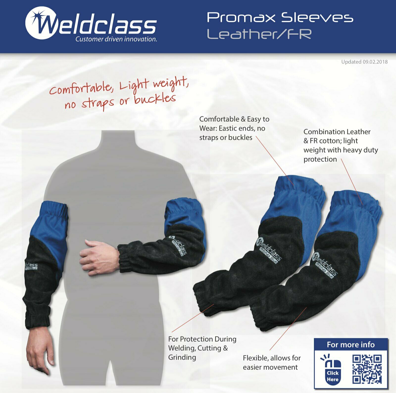 Image presents WELDCLASS LEATHER WELDING SLEEVES, PROMAX BLUE - WC-05375