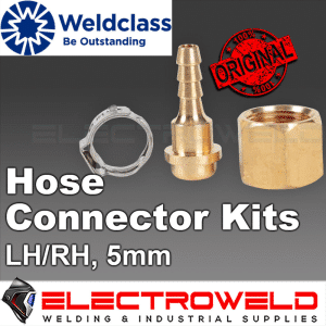 Image presents Weldclass 5mm Rh Or Lh Hose Connector Kit For Oxy Argon LPG Acet Gas - Barb, Joinder, Tail, Clamp