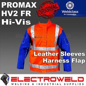 Image presents Weldclass Promax HV2 Hi-VIS Welding Jacket, Leather Sleeves, With Harness Flap 1