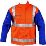 Image presents Weldclass Promax HV2 Hi-VIS Welding Jacket, Leather Sleeves, With Harness Flap 2