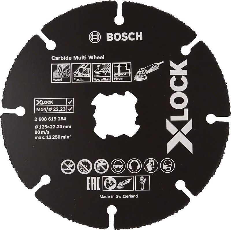 image presents Bosch 125mm 5" X-lock Carbide Multi Wheel Cutting Disc (Wood Plastic Plasterboard, Copper) 1