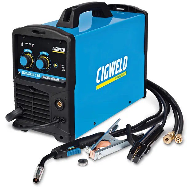 Image presents Cigweld Weldskill 135 Mig / Stick Bundle: Welder + Helmet + Gloves + 5kg Wire - W1008135